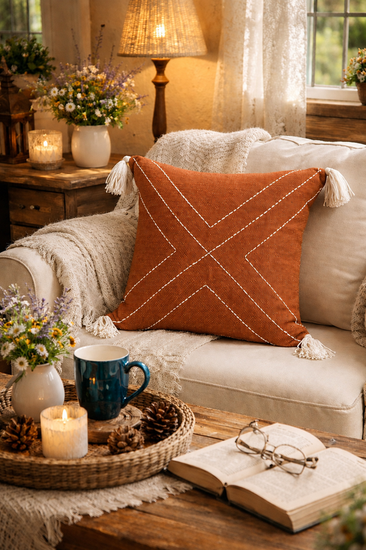 Crosslines Cushion (Rust with White Embroidery)