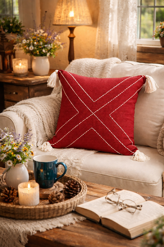 Crosslines Cushion (Deep Red with White Embroidery)