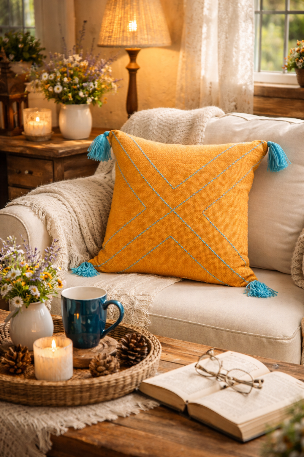 Crosslines Cushion (Mustard with Light Blue Embroidery)
