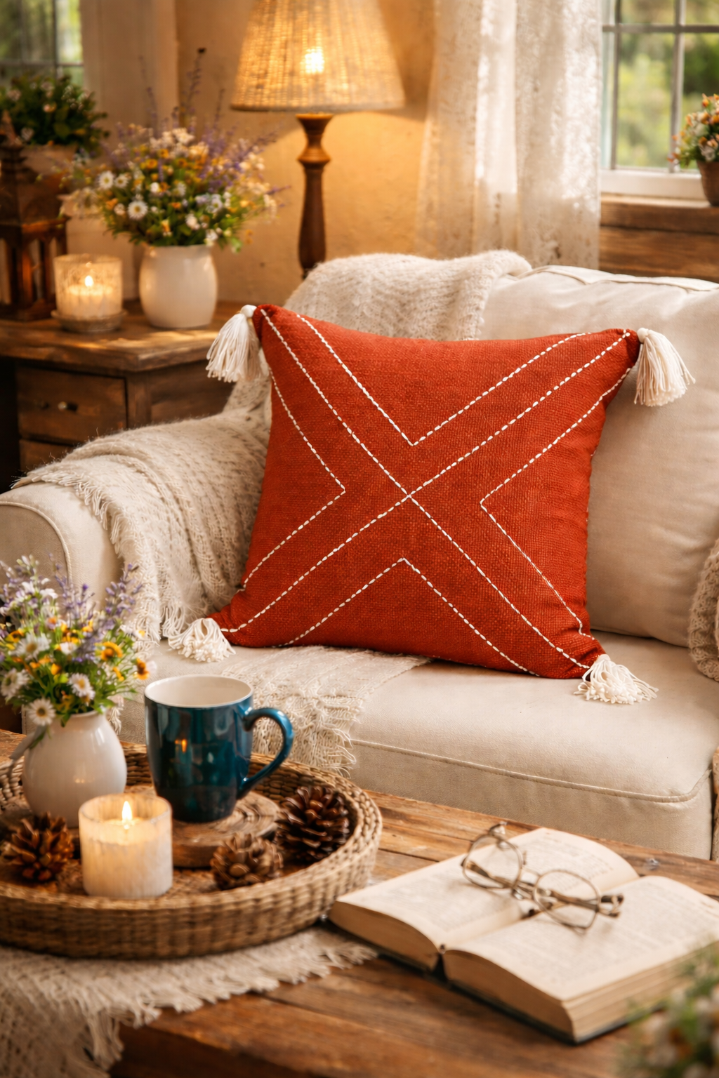 Crosslines Cushion (Rust with White Embroidery)