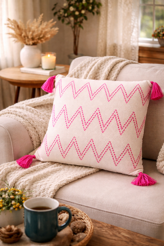 Zig Zag Cushion (Off-white with Dark Pink Embroidery)