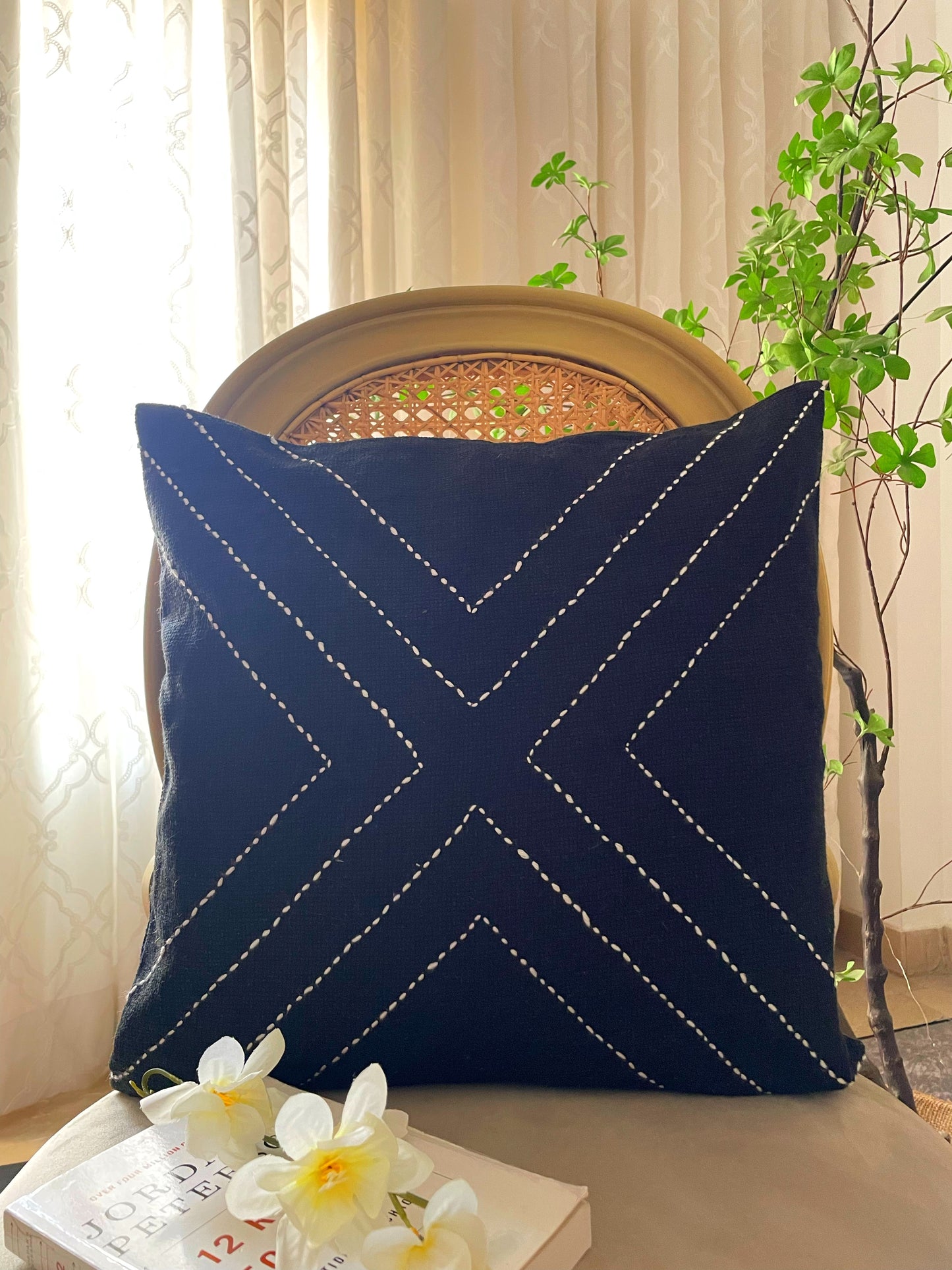 Embroidered Black Cushion with White X
