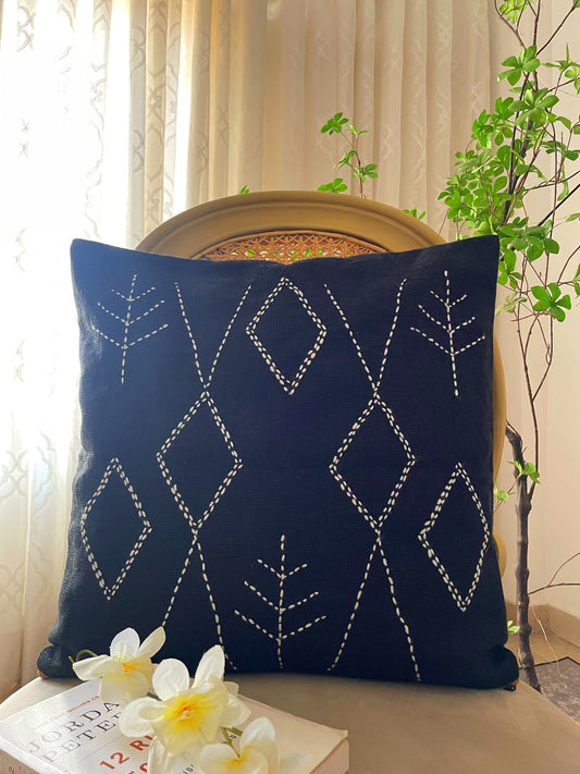 Embroidered Black Cushion with White Symbols
