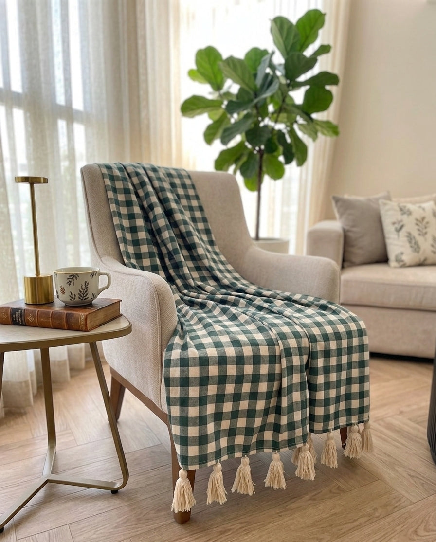 Dark Green Gingham Throw Blanket
