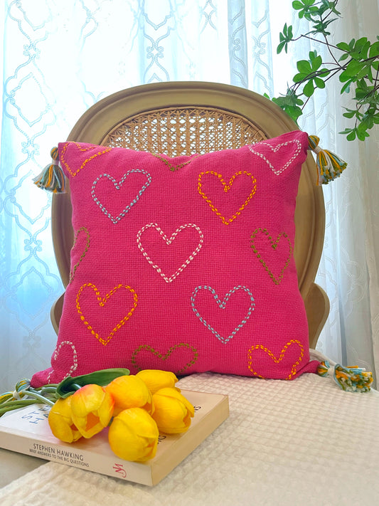 Dark Pink Cushion with Embroidered Hearts