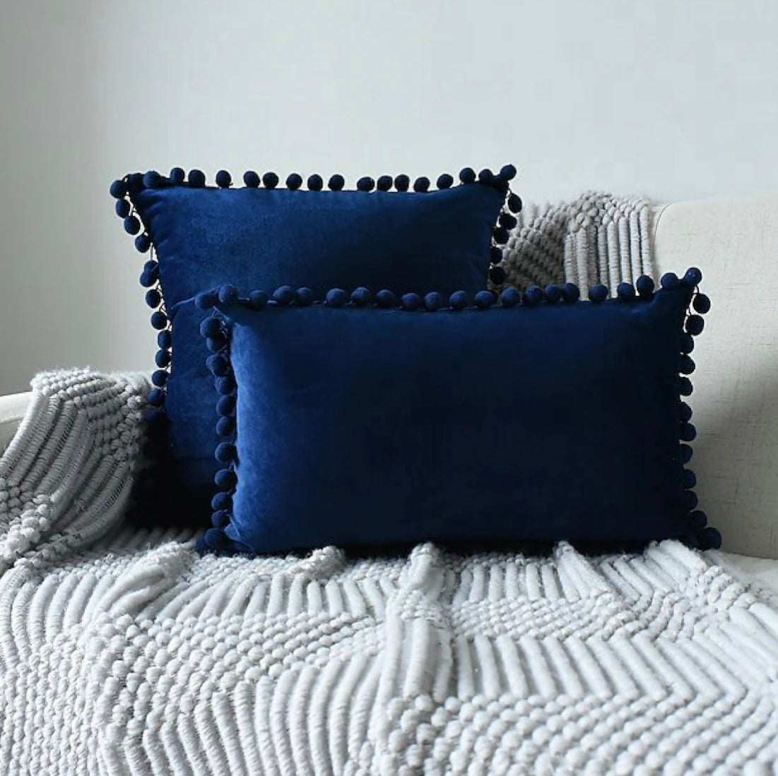 Plain Dark Blue Cushion with Dark Blue Pom Pom Lace