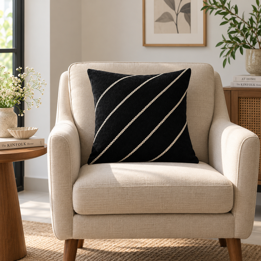 Diagonals Cushion (Black with White Embroidery)