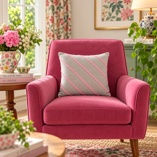 Diagonals Cushion (Light Gray with Light Pink Embroidery)