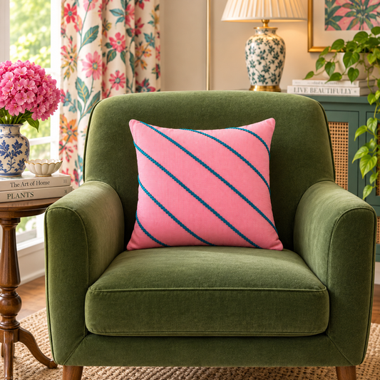 Diagonals Cushion (Light Pink with Teal Embroidery)