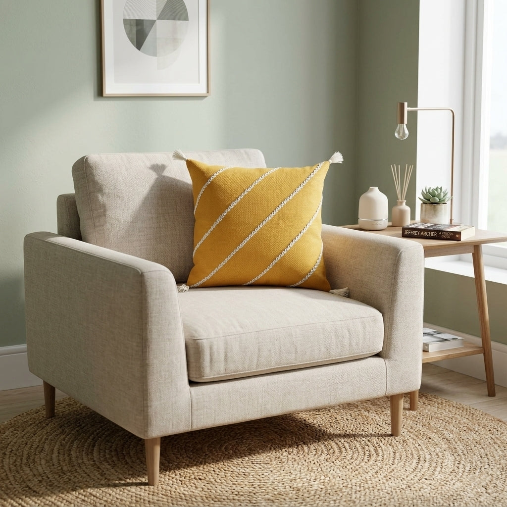 Diagonals Cushion (Mustard with White Embroidery)