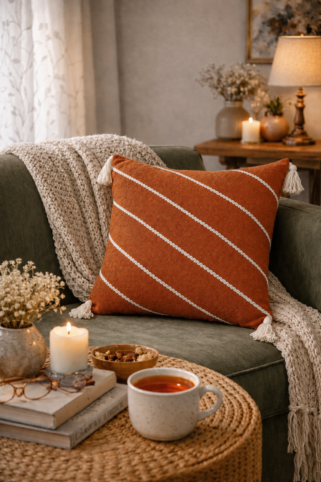 Diagonals Cushion (Rust with White Embroidery)