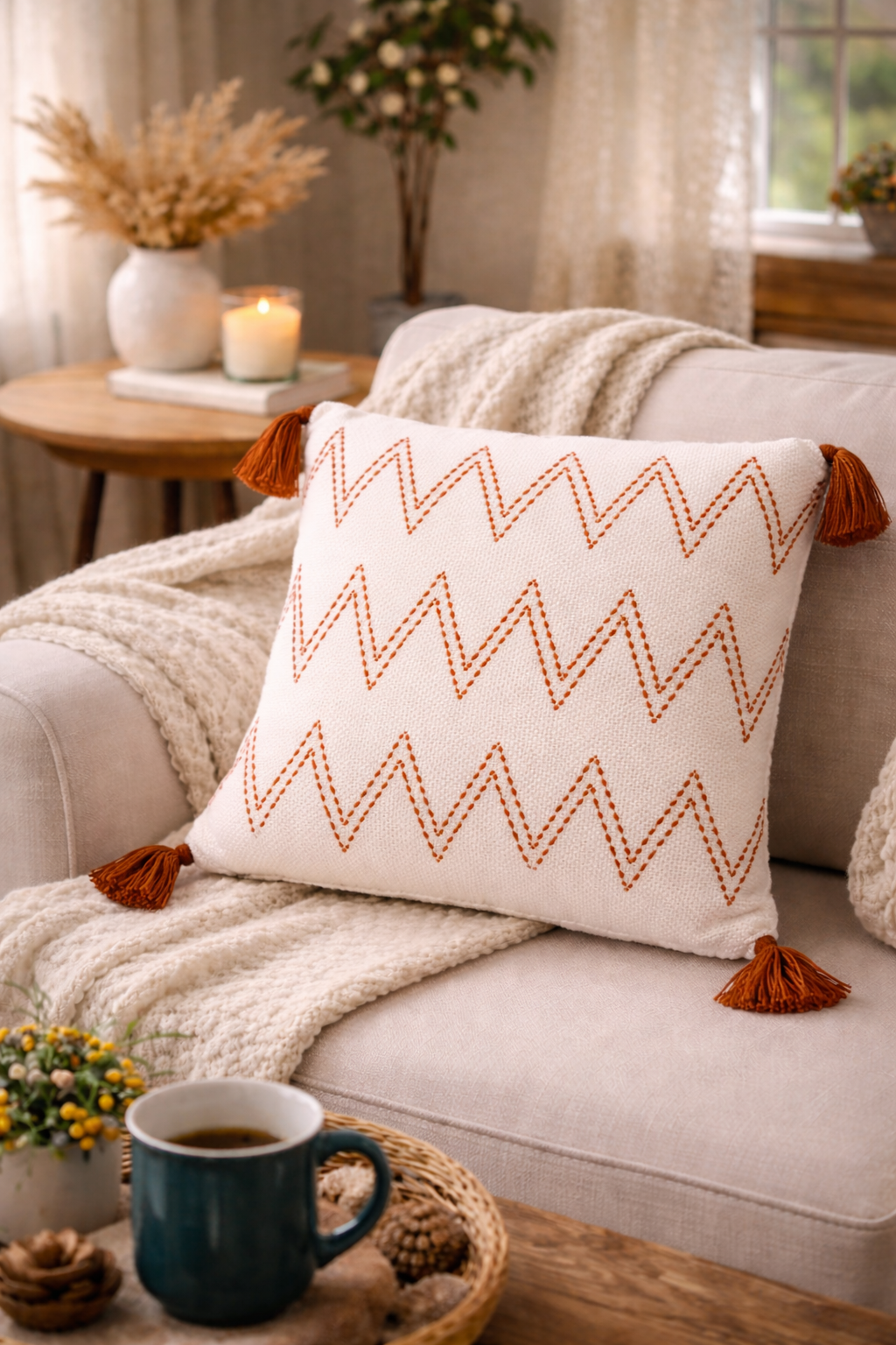 Zig Zag Cushion (Off-white with Rust Embroidery)
