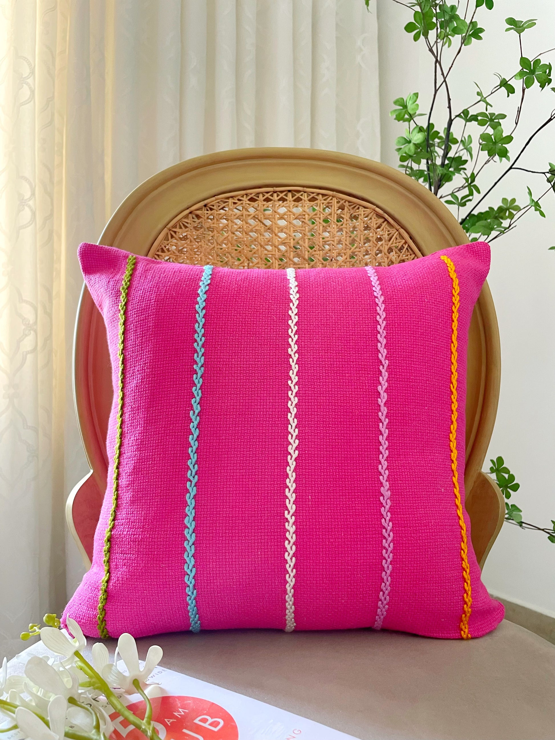 Fuchsia Embroidered Cushion with Stripes