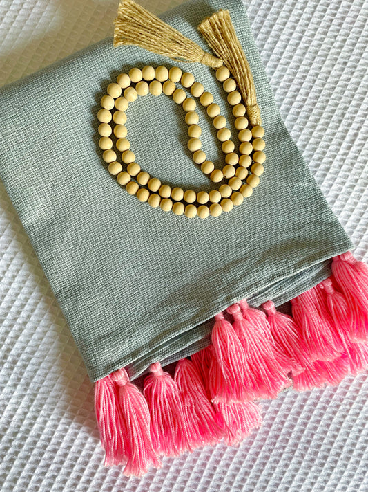 Gray Throw Blanket with Pink Tassels