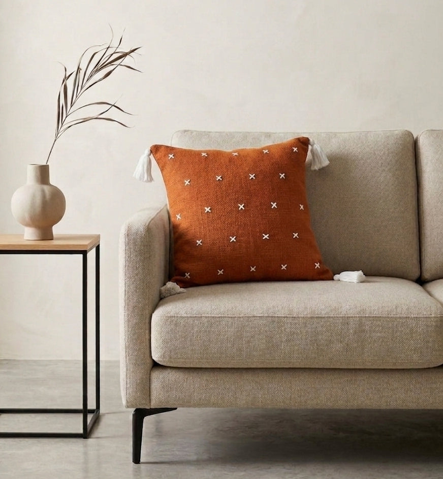 Grid Cushion (Rust with White Embroidery)