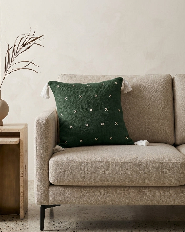 Grid Cushion (Dark Green with White Embroidery)