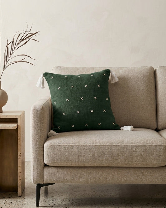 Grid Cushion (Dark Green with White Embroidery)