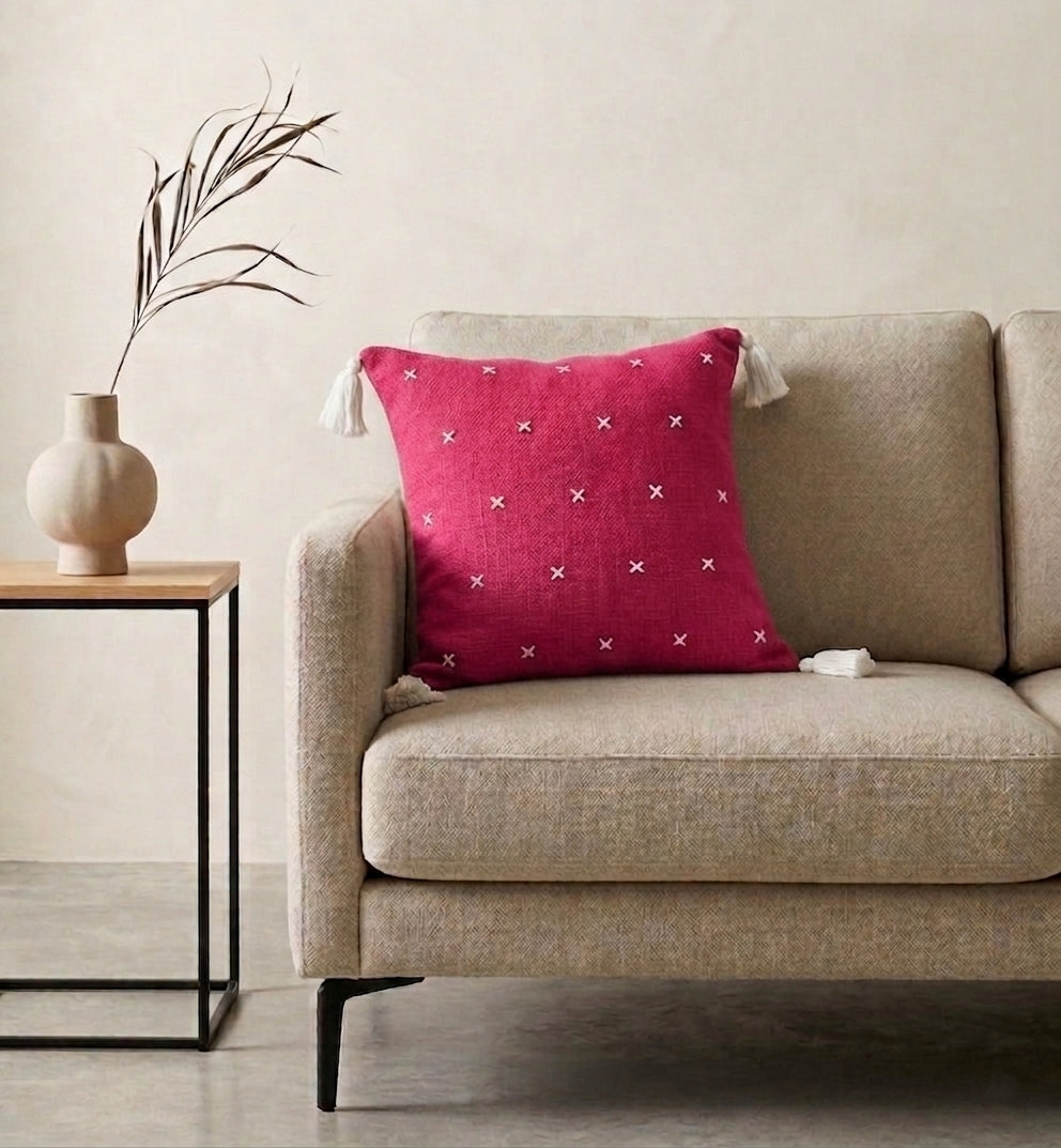 Grid Cushion (Dark Pink with White Embroidery)