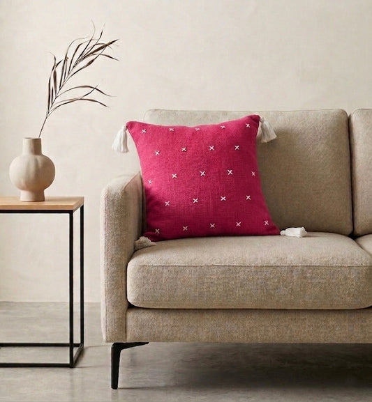 Grid Cushion (Dark Pink with White Embroidery)