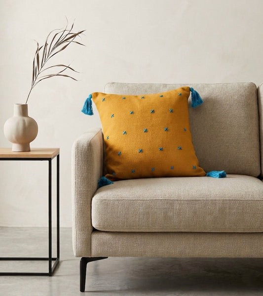 Grid Cushion (Mustard with Blue Embroidery)
