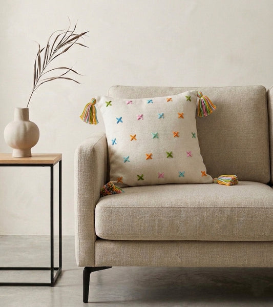 Grid Cushion (Off-White with Multi-colored Embroidery)
