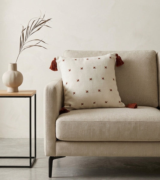 Grid Cushion (Off-White with Rust Embroidery)