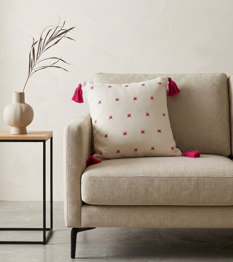 Grid Cushion (Off-White with Dark Pink Embroidery)