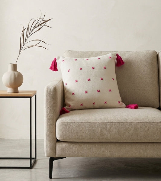 Grid Cushion (Off-White with Dark Pink Embroidery)