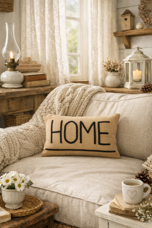 HOME Cushion (Beige with Black Embroidery)