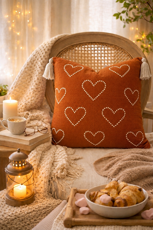 Hearts Cushion (Rust with White Embroidery)
