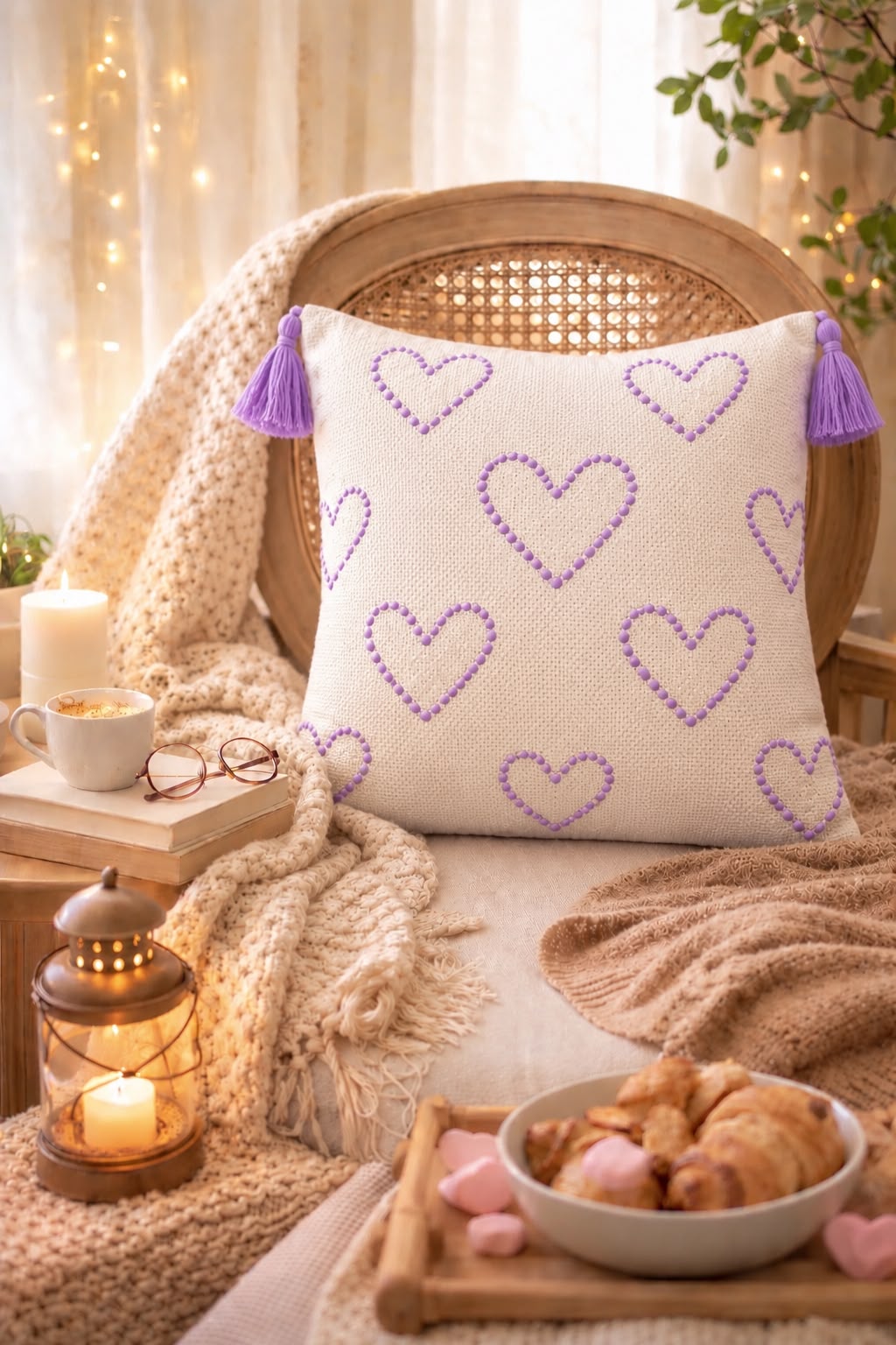 Hearts Cushion (Off-white with Purple Embroidery)