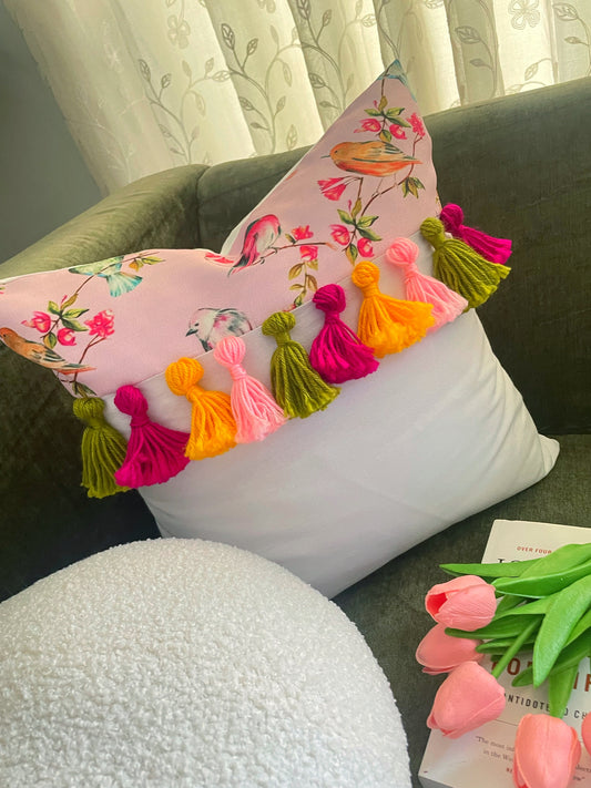 Heavenly Pink Cushion with Multi-colored Tassels