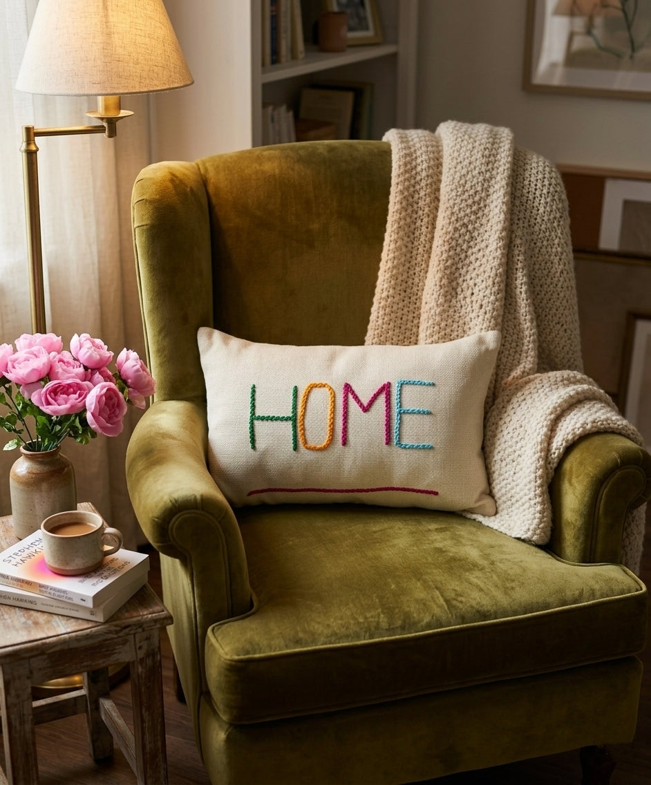 HOME Cushion (Off-white with Multi-colored Embroidery)