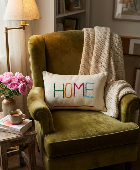 HOME Cushion (Off-white with Multi-colored Embroidery)