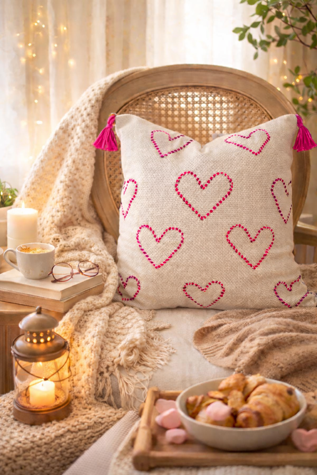 Hearts Cushion (Off-white with Hot Pink Embroidery)