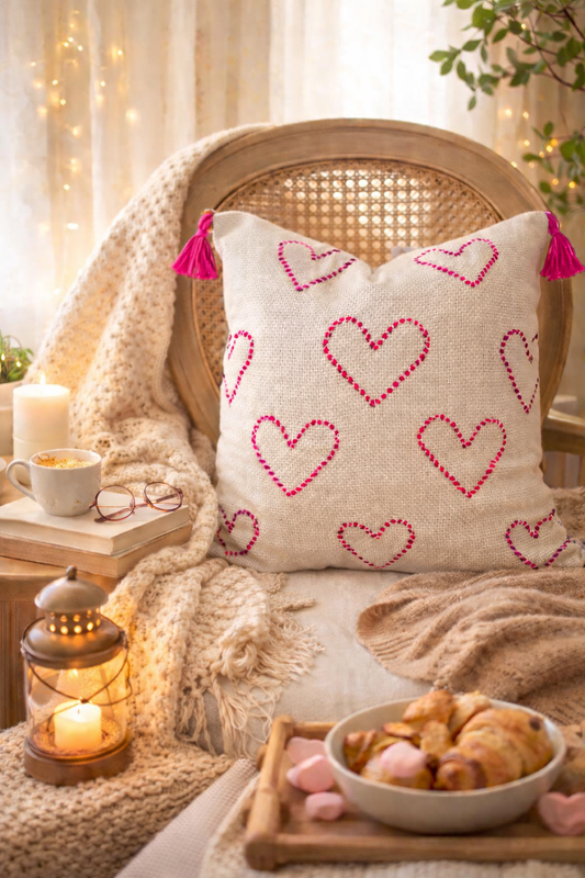 Hearts Cushion (Off-white with Hot Pink Embroidery)