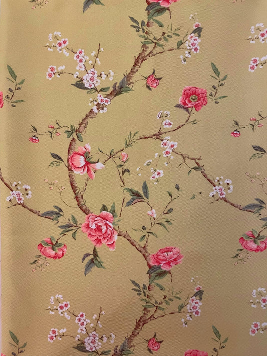 Floral pattern with pink flowers and green leaves on a beige background