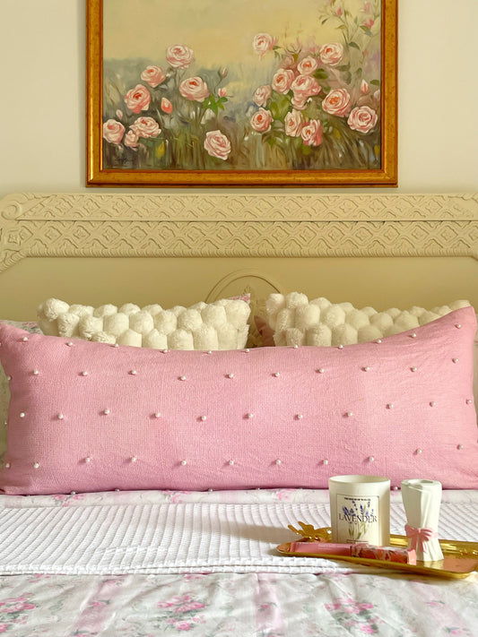 Lumbar Cushion - Light Pink with White Pearls