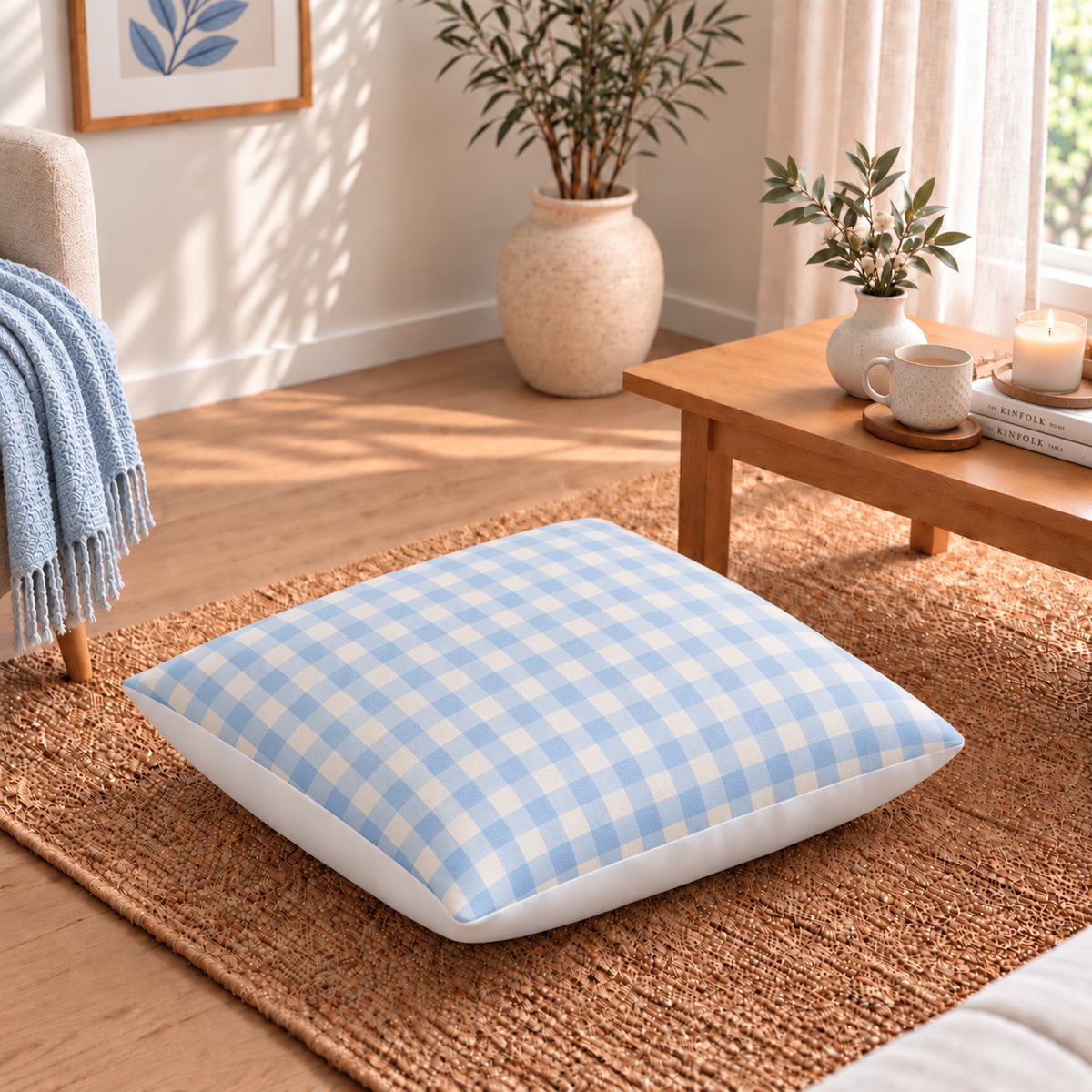 Floor Cushion Cover - Light Blue Gingham