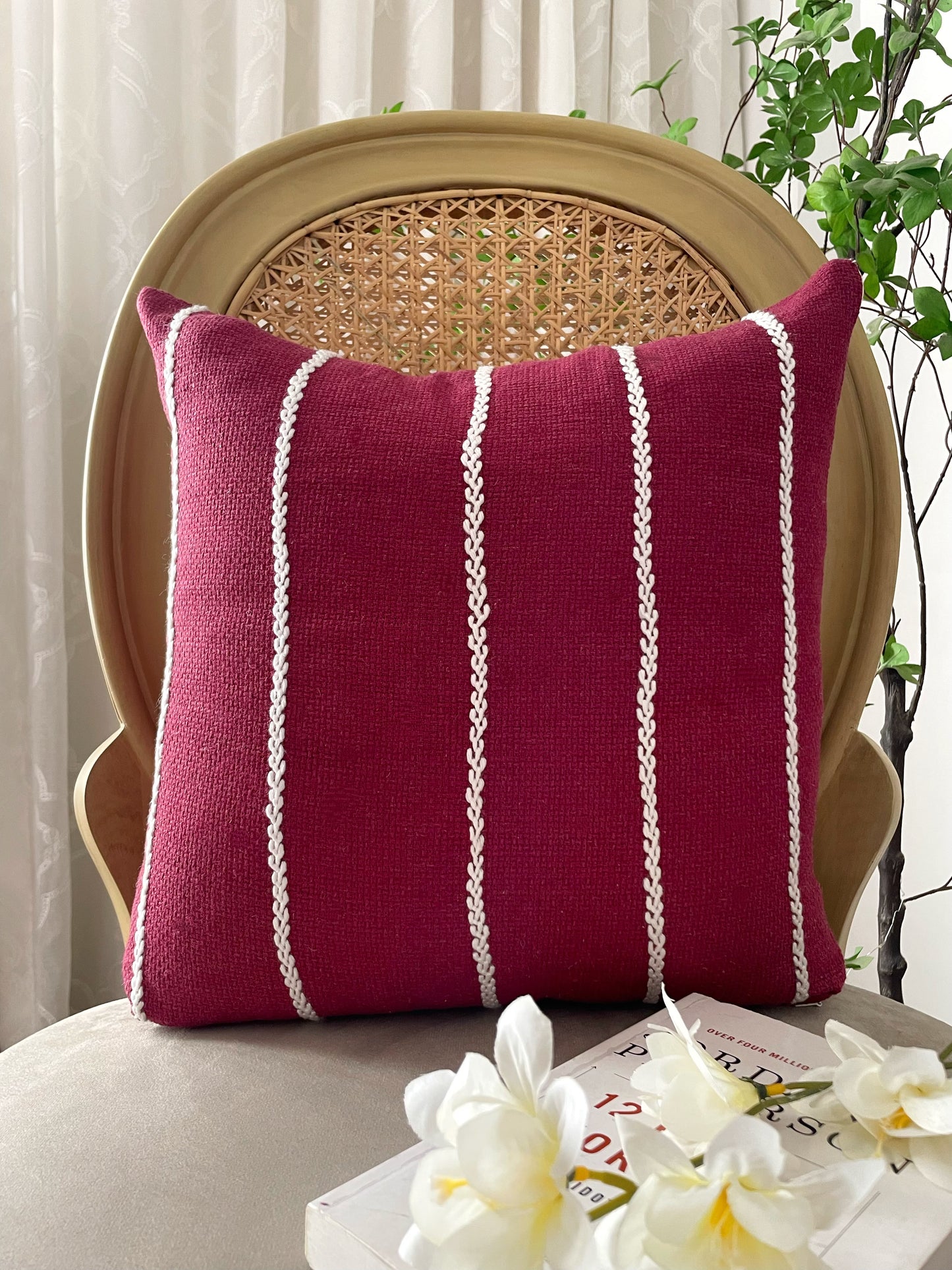 Maroon Cushion with White Embroidered Stripes