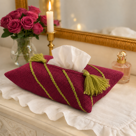Maroon Tissue Box Cover with Light Green Embroidery