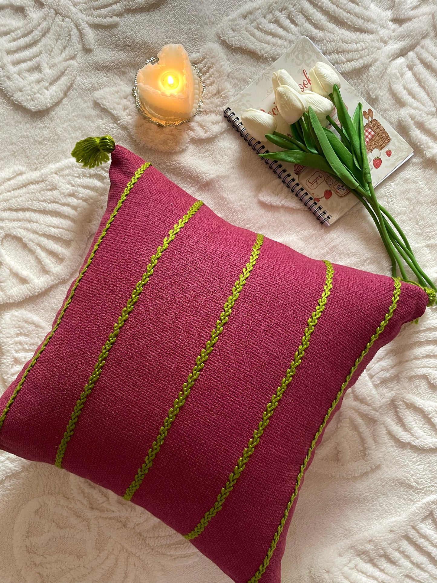 Maroon Cushion with Light Green Embroidered Stripes