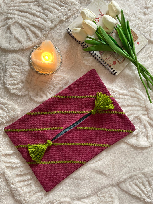 Maroon Tissue Box Cover with Light Green Embroidery