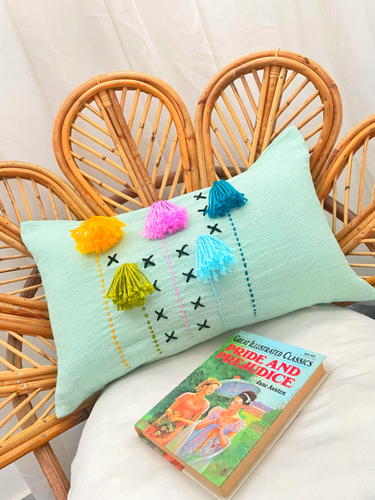 Mint Blue Cushion with MultiColored Embroidery