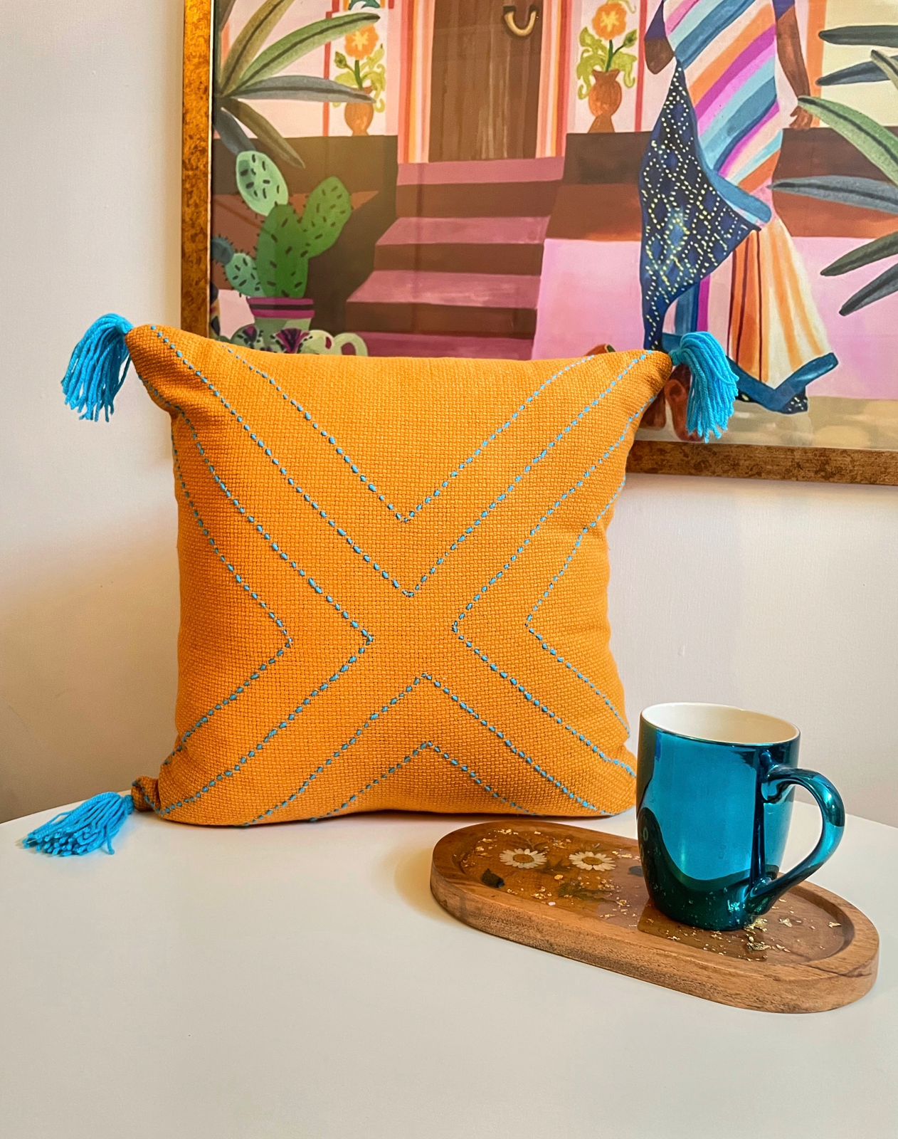 Mustard Cushion with Blue Embroidery