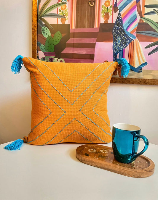 Mustard Cushion with Blue Embroidery