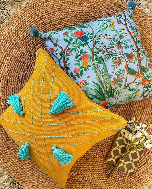 Mustard Cushion with Light Blue Embroidery