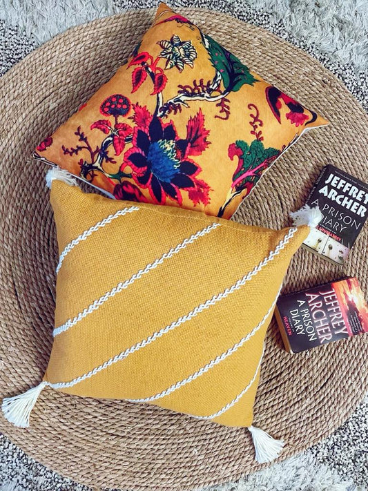 Mustard Cushion with White Diagonals Embroidery