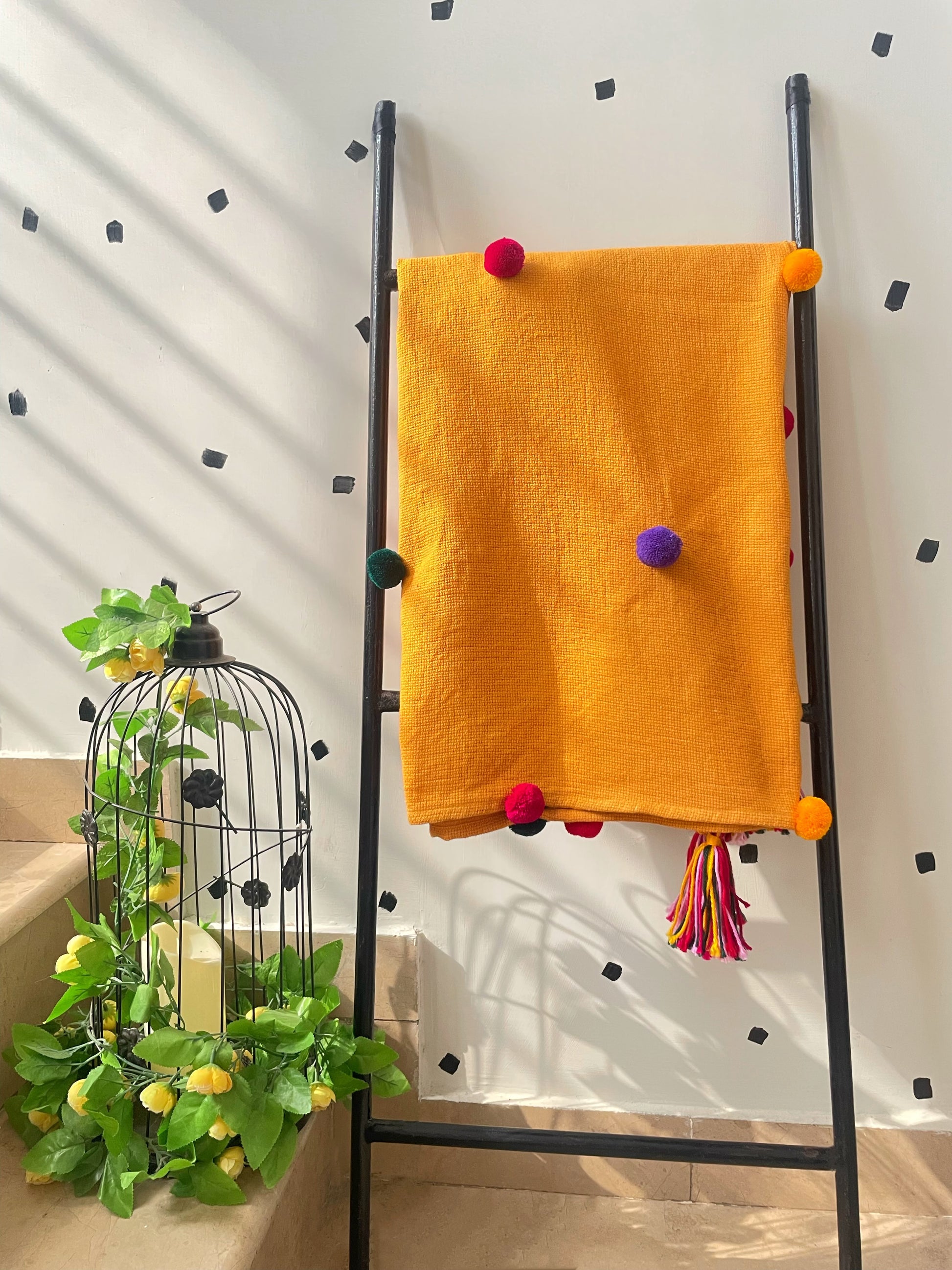Mustard Throw Blanket with Multi-colored Pom Poms & Tassels