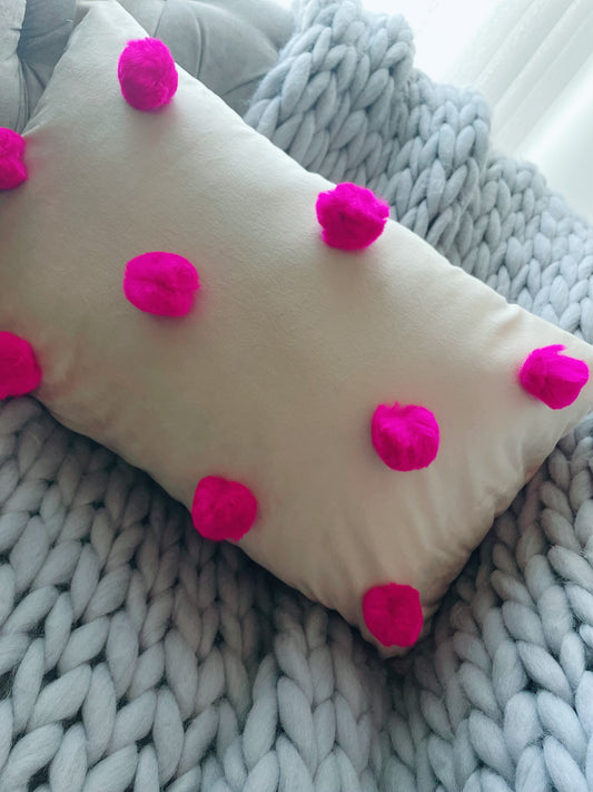 Off-white Cushion with Dark Pink Pom Poms